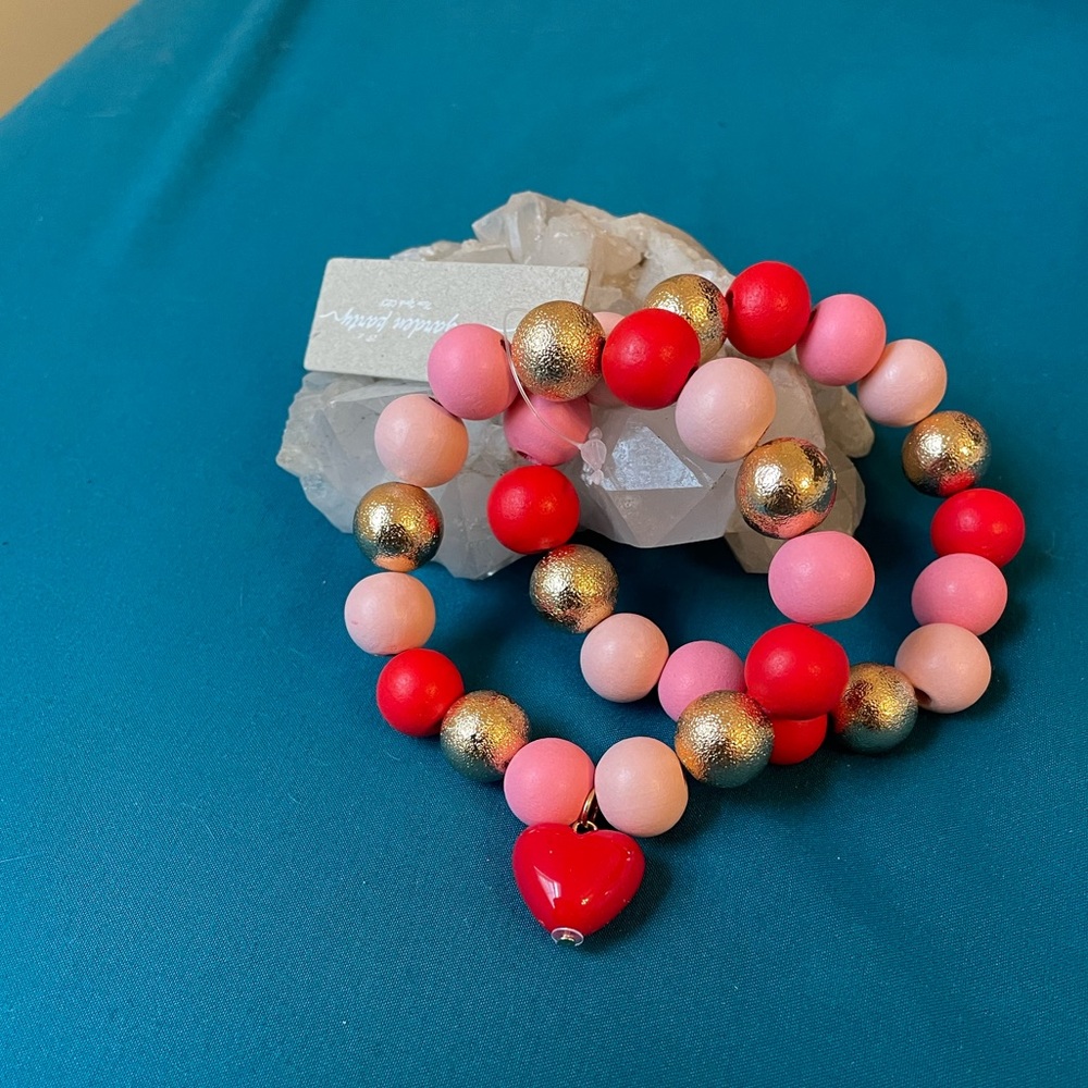 NWT Pink,red, and gold wooden bracelet with heart charm